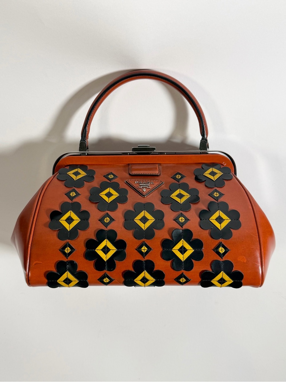 Rare Prada Floral Appliqué Leather Bag in Cognac Brown